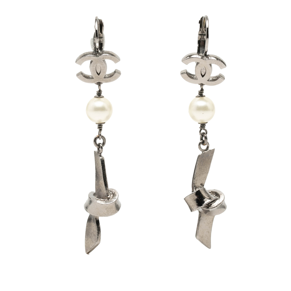 Pre-Loved Chanel CC Brass Plated Faux Pearl Ribbon Knot Dangle Earrings